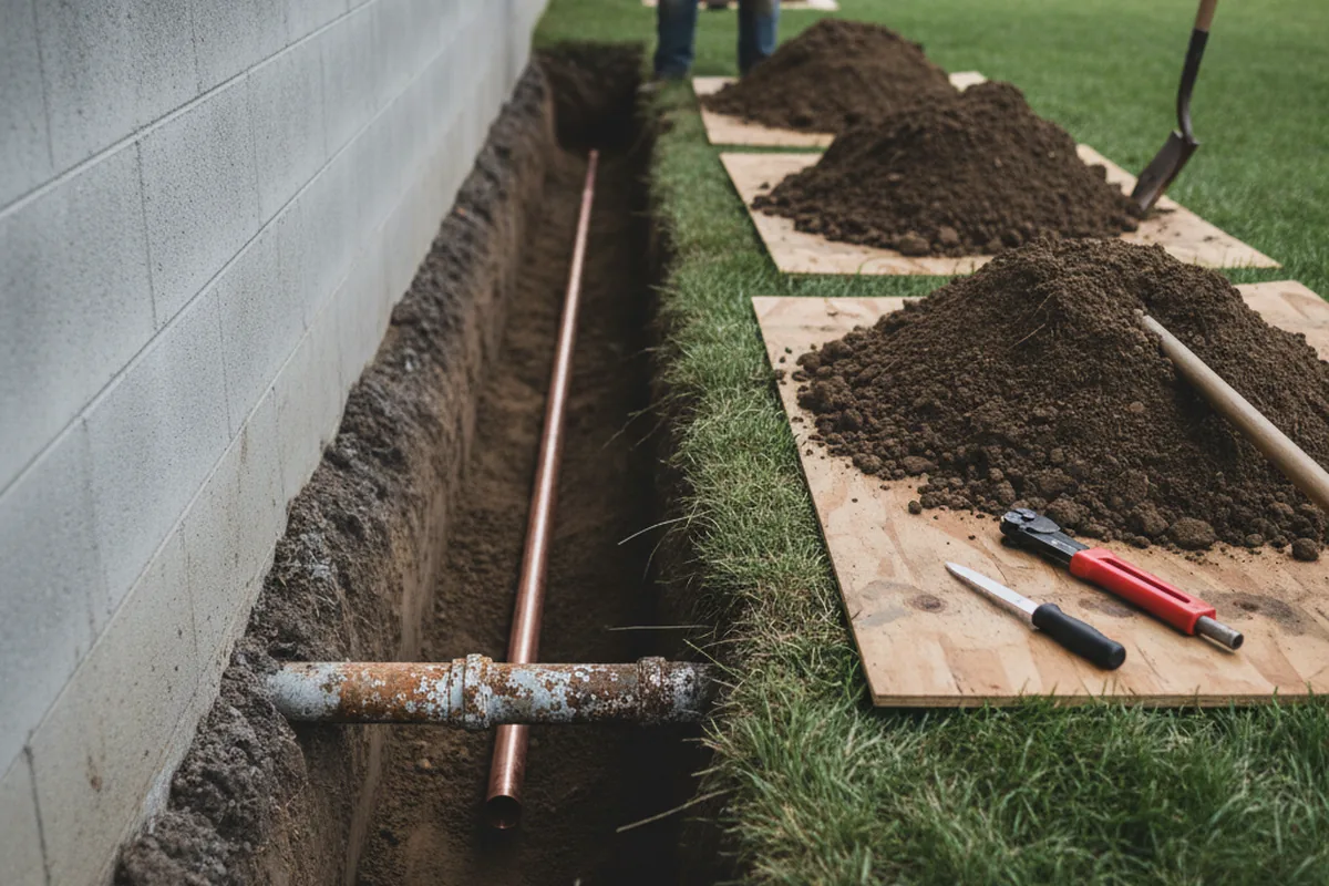 Excavated water line trench during Sewer Line Repair in Everson